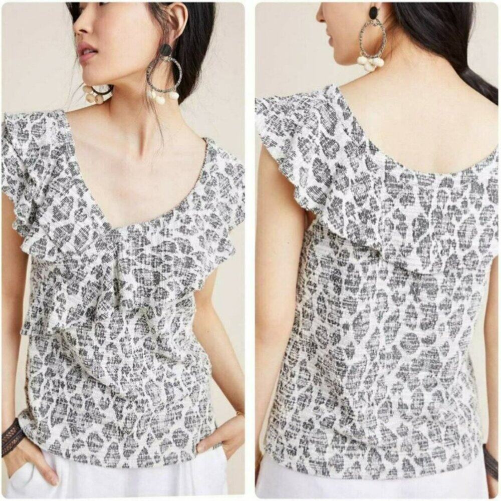 Anthropologie Dolan Savannah Ruffled Blouse Gray White Snow Leopard Print XS - Picture 1 of 9
